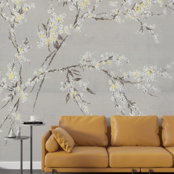 Nástěnná malba kvetoucího stromu na šedomodrém pozadí White of Spring Flowers - hlavní obrázek produktu