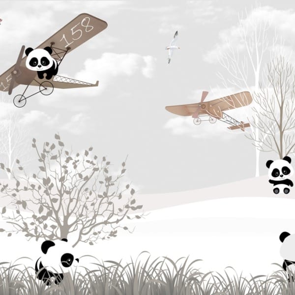 Nástěnná malba s šedou oblohou, letadlem a medvídky Panda v Plane for Kids - obrázek číslo 2