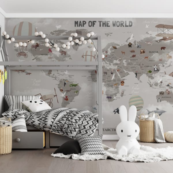 Fototapeta pro děti a mládež se zvířaty a létajícími stroji na mapě světa Grey World Map - hlavní obrázek produktu