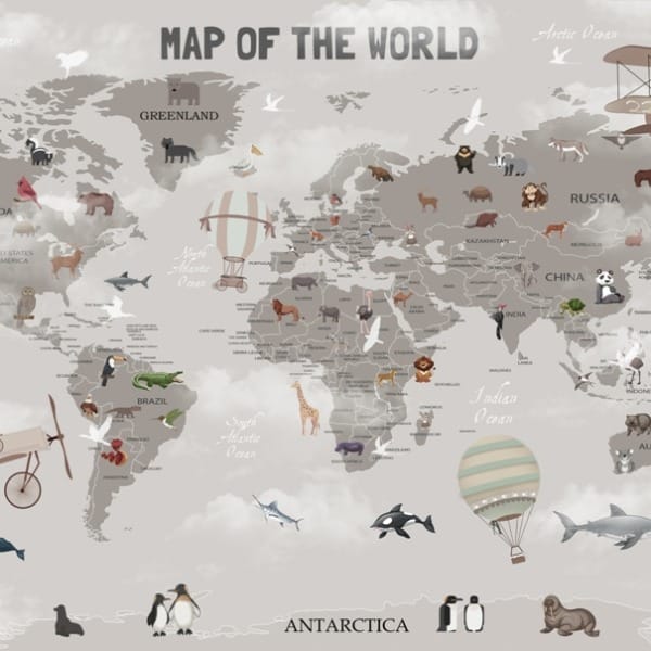 Fototapeta pro děti a mládež se zvířaty na mapě světa a létajícími stroji Šedá mapa světa - obrázek číslo 2