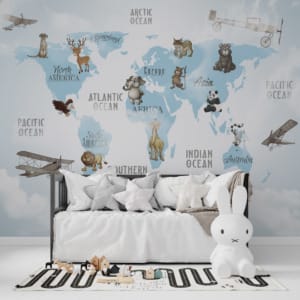 Tapety s veselými zvířaty Modrá mapa světa pro děti - hlavní obrázek produktu