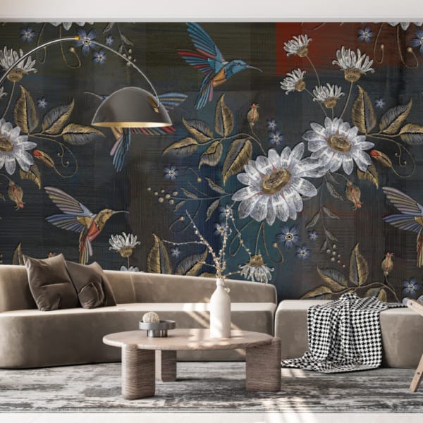 3D nástěnná malba s výraznými barvami White Flowers and Hummingbirds - hlavní obrázek produktu