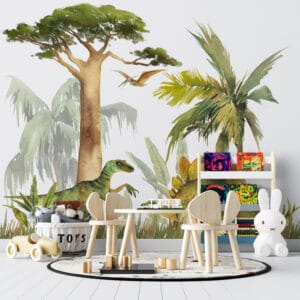 Fototapeta v teplé zelené a šedé barvě do dětského pokoje Happy Dinosaurs - hlavní obrázek produktu