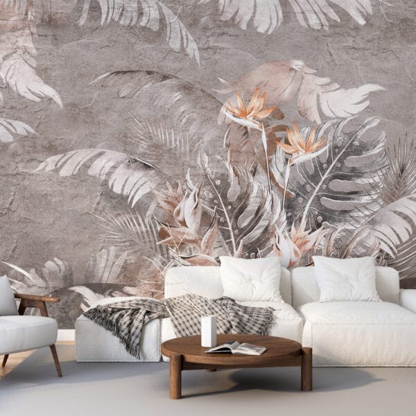 Nástěnná malba módní exotické květiny ukryté mezi vysokými listy kapradí Strelitzia flower in Grey - hlavní obrázek produktu