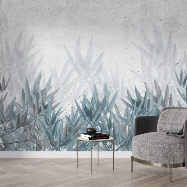 Nástěnná malba v šedomodré a smaragdově zelené barvě s rostlinami ve větru Blue Sea of Plants - hlavní obrázek produktu